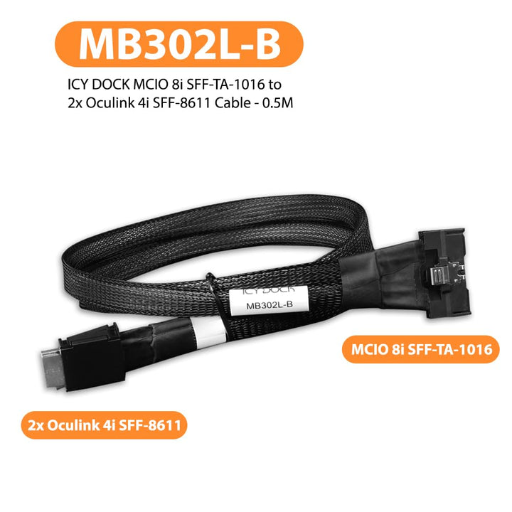 ICY DOCK MB302L-B Datenkabel - 1x MCIO SFF-TA-1016 8i zu 2x OCuLink SFF-8611 4i Länge 50cm 1x MCIO 8
