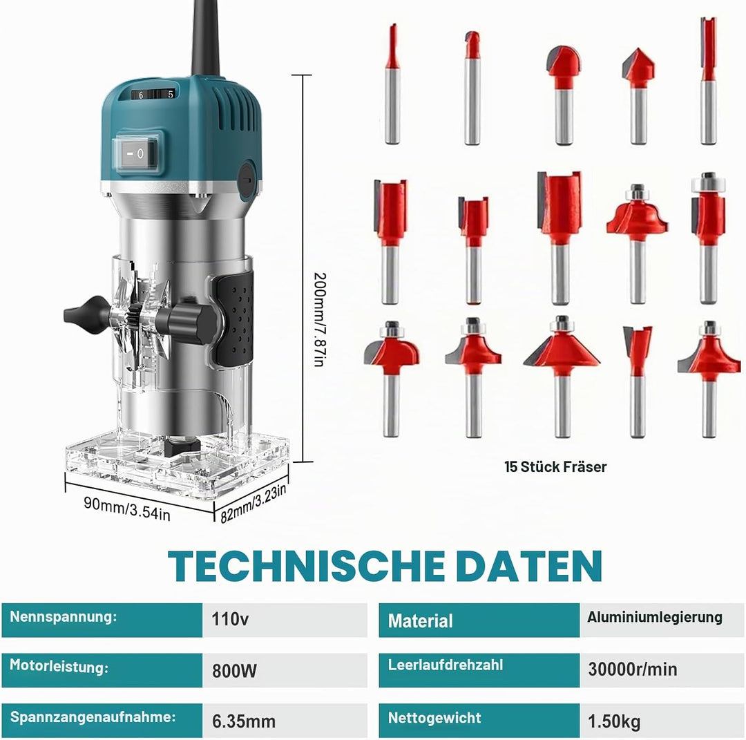 Holzfräse Oberfräse Professionell, 800W 30000 U/min Elektrischer Oberfräse Trimmer mit 15 Stück Fräs