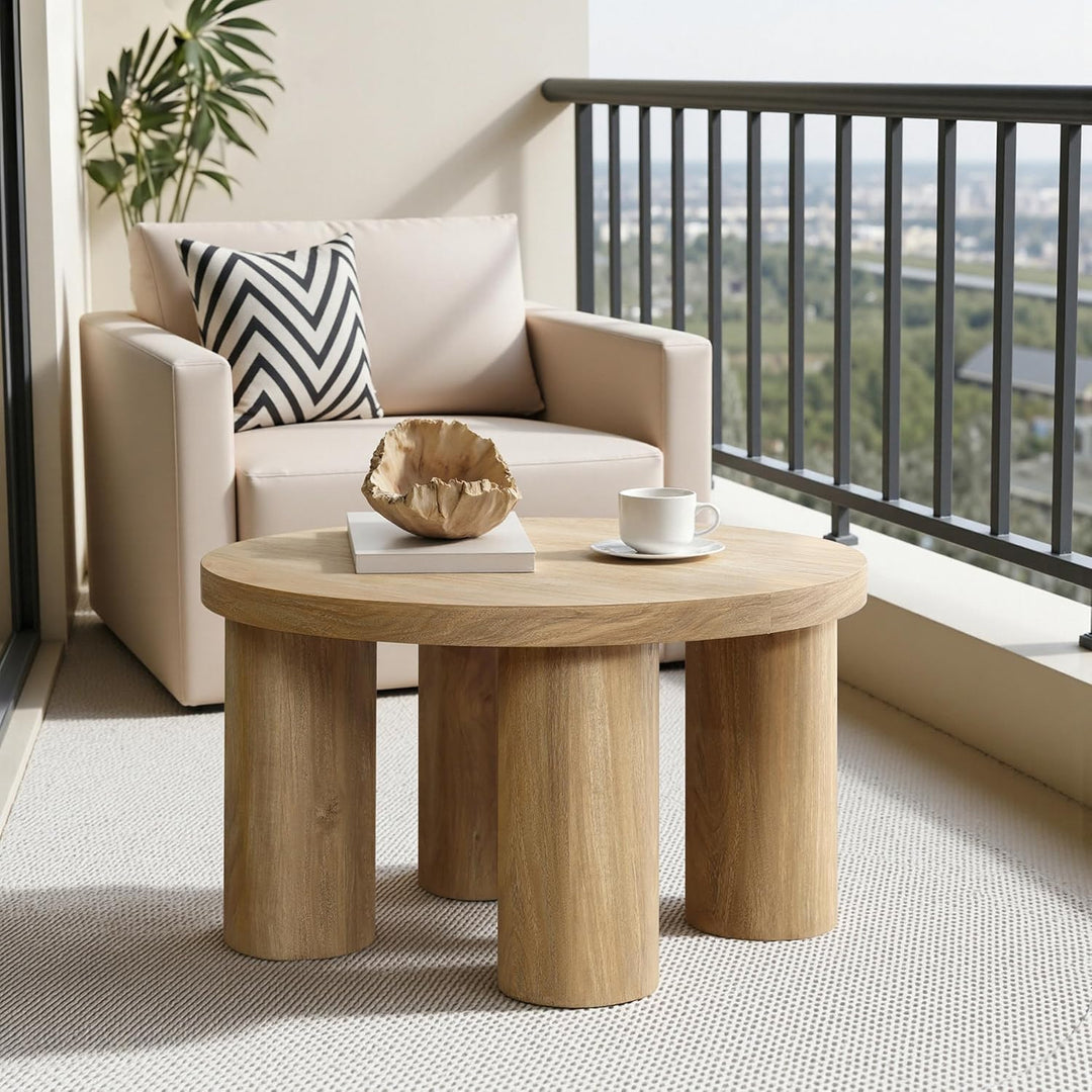 Hometopia Couchtisch Rund 70 cm aus Holz mit Säulenbeinen Eichenoptik Ø70 cm X H40 cm, Eichenoptik Ø