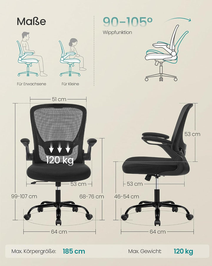 SONGMICS Bürostuhl ergonomisch, Drehstuhl mit Mesh, Lenden- und Kopfstütze, Wippfunktion, inklusive
