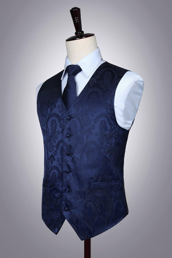 HISDERN Herren FLoral Hochzeit Weste Krawatte Einstecktuch Taschentuch Jacquard Weste Anzug Set XS N