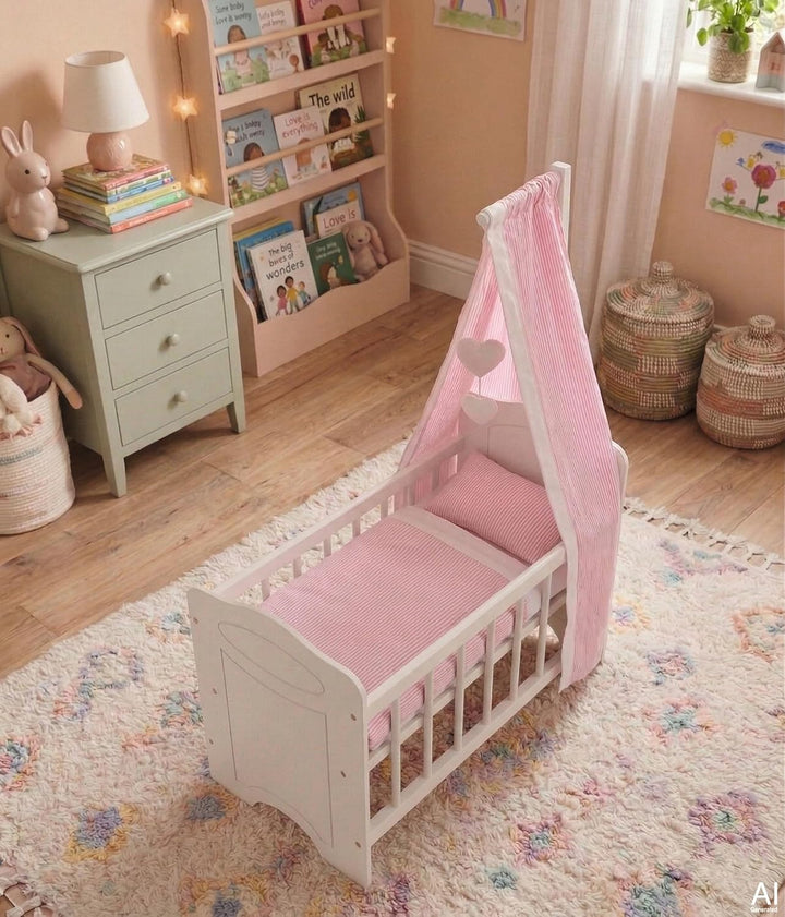 Goki 51762 Puppenbett mit Bettwäsche und Himmel puppenhausmöbel, weiss/rosa