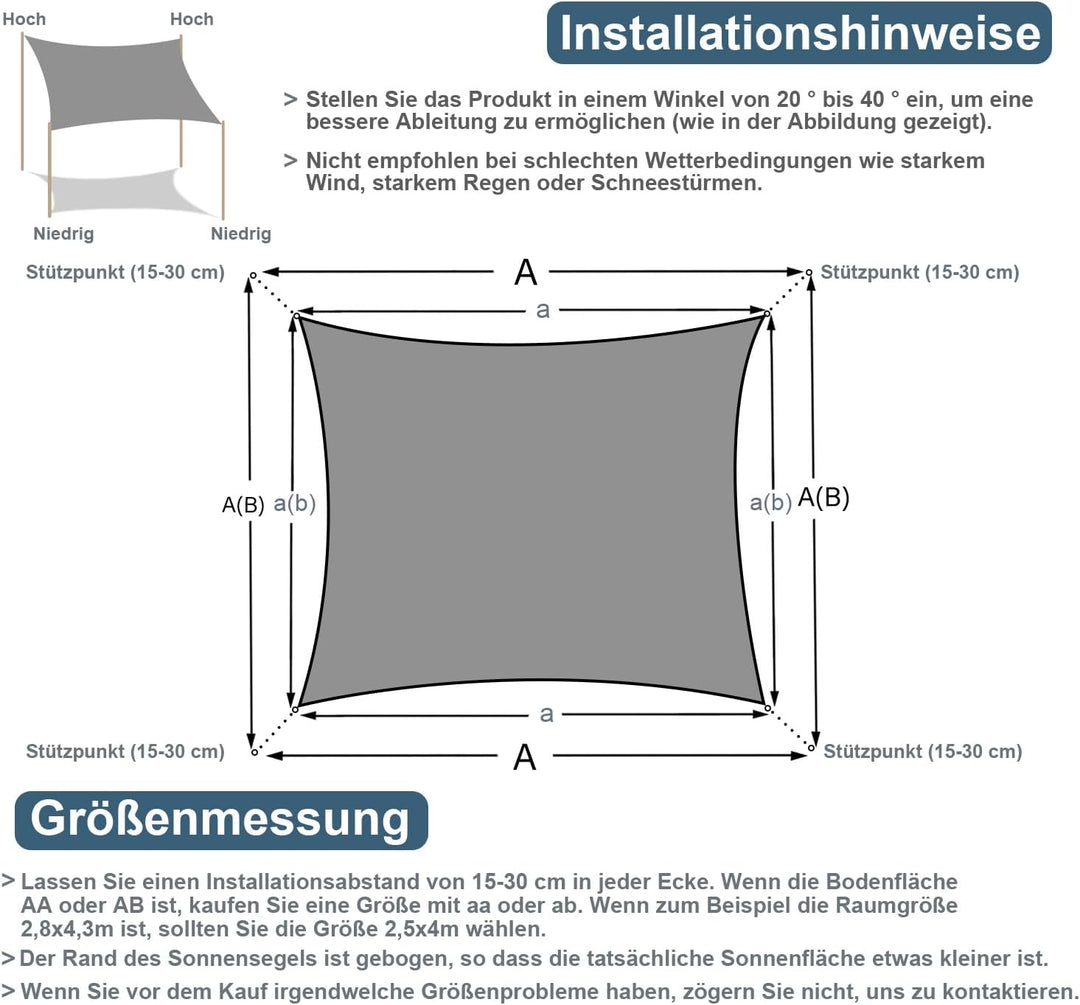 COOL AREA Sonnensegel 2.5x2.5m Rechteckig wasserdurchlässig HDPE Sonnenschutz mit UV Schutz Segel fü