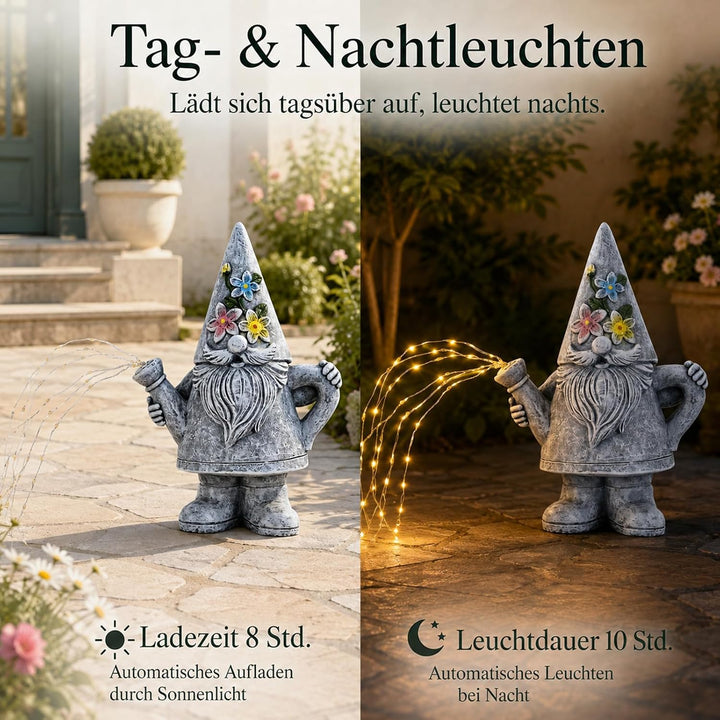 Yeomoo Giesskanne-Gartenzwerge mit Solar Lichterkette für Aussen Gartendeko Gartenzwerge Figur Grau,