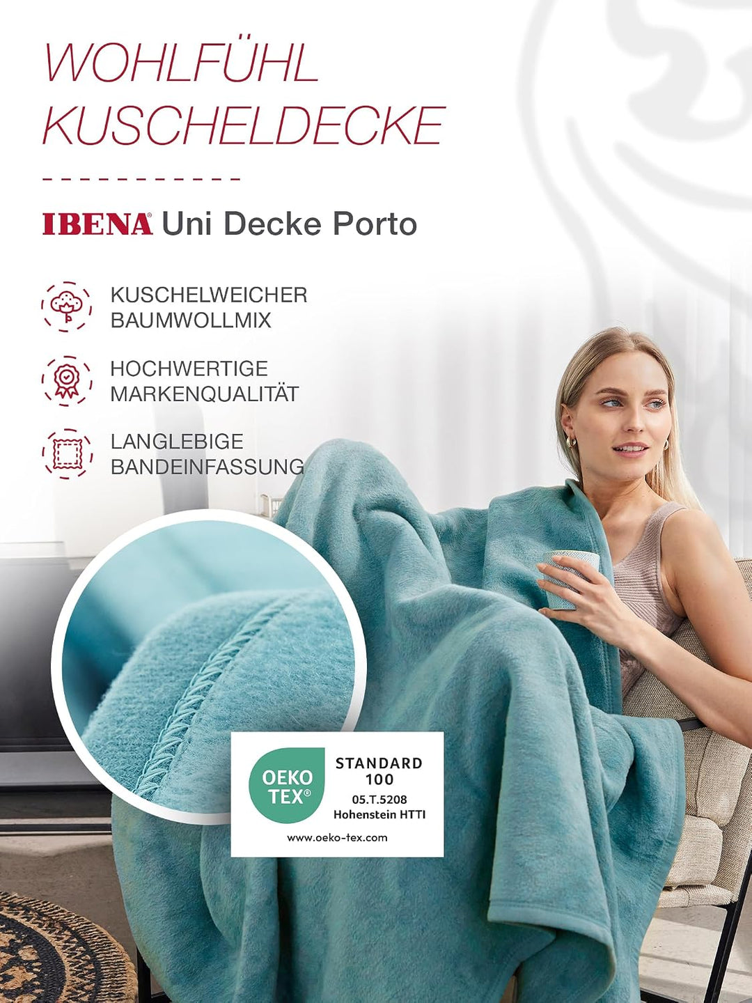 IBENA Porto Kuscheldecke 150 x 200 cm – Kuscheldecke Helltürkis, Wohnzimmerdecke, Baumwollmischung,