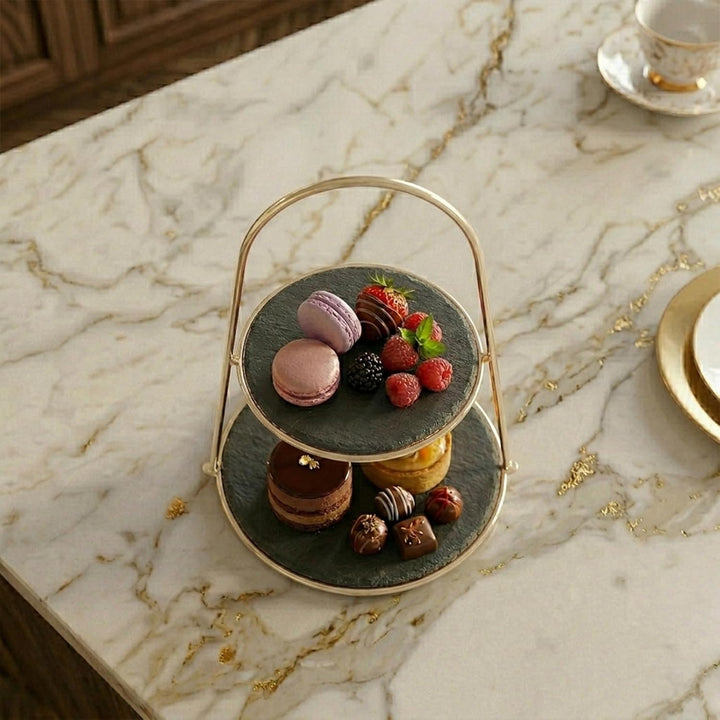 ECHTWERK Etagere-/ Servier-Ablage für Gebäck, Obst, Käse und Dessert mit 2 Ebenen aus Naturschiefer
