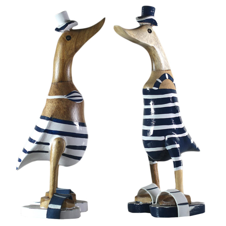 ART-CRAFT 2X Holz Ente Lauf Ente Gartendeko Figur aus Bambus Wurzel und Teak Holz blau Bikini Paar h