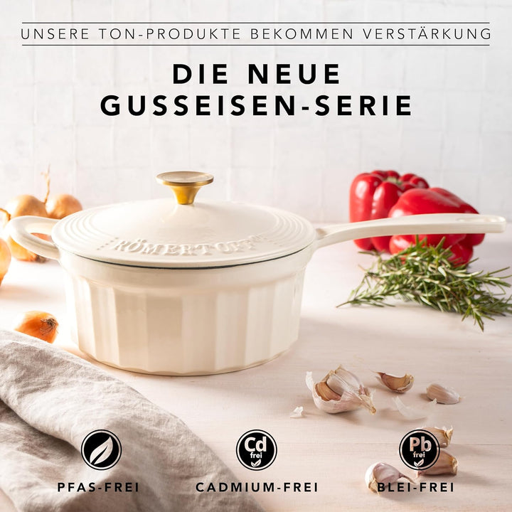 Römertopf Stielkasserolle Gusseisen 22 cm 2,3 L mit Deckel, Creme, Creme