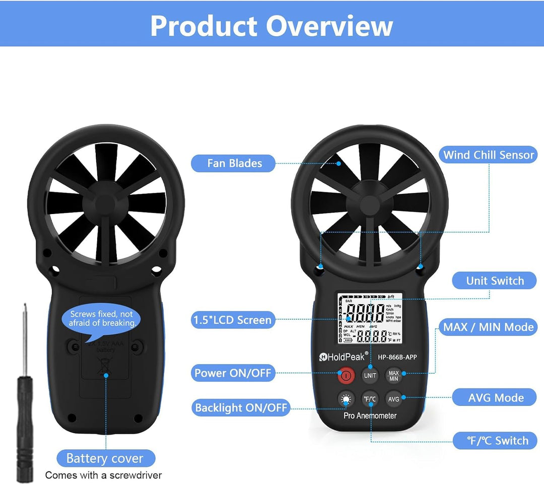 Anemometer Bluetooth Wireless Handheld 866B-APP, Anemometer Bluetooth Windmessgerät misst Windgeschw