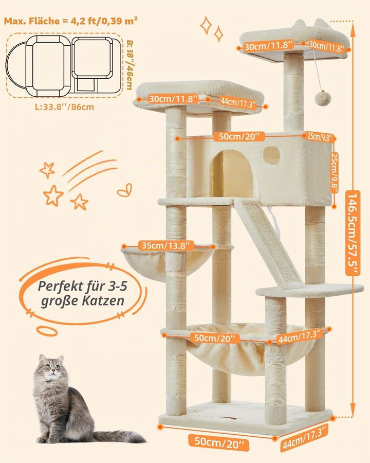 Taoqimiao 146CM Kratzbaum Gross, Katzenbaum Katzen Kratzbaum Grosse Katzen Stabil mit 2 Katzenhaus,