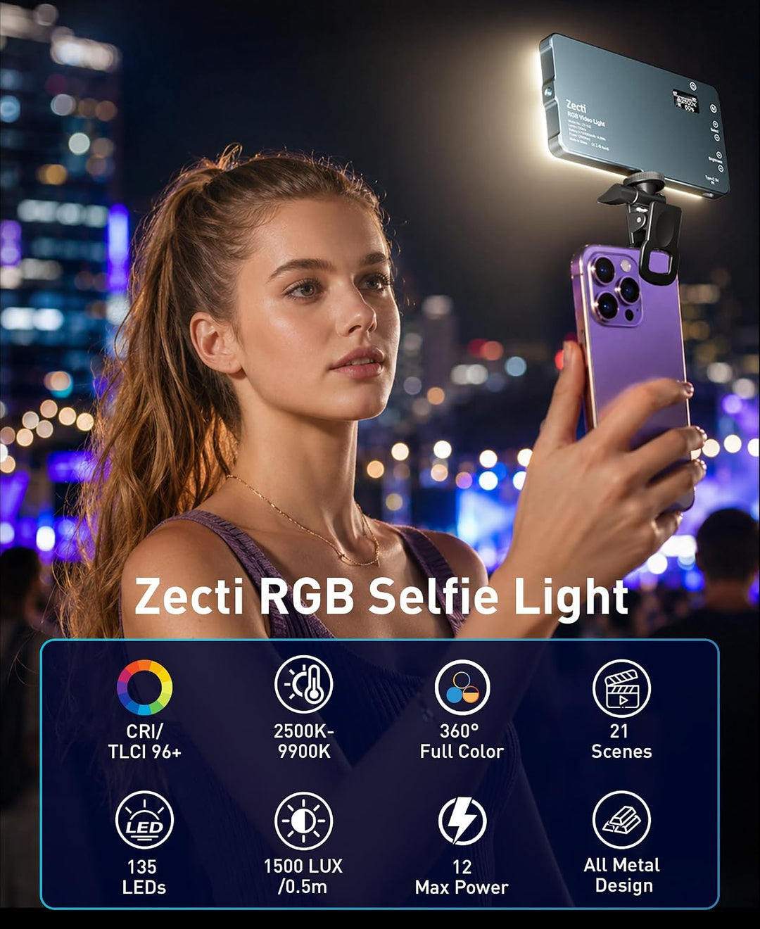 Selfie Licht mit RGB-Vollfarbe, 135 LED 4000mAh CRI96+ LED Videoleuchte mit Hotshoe und Clip,2500K-9