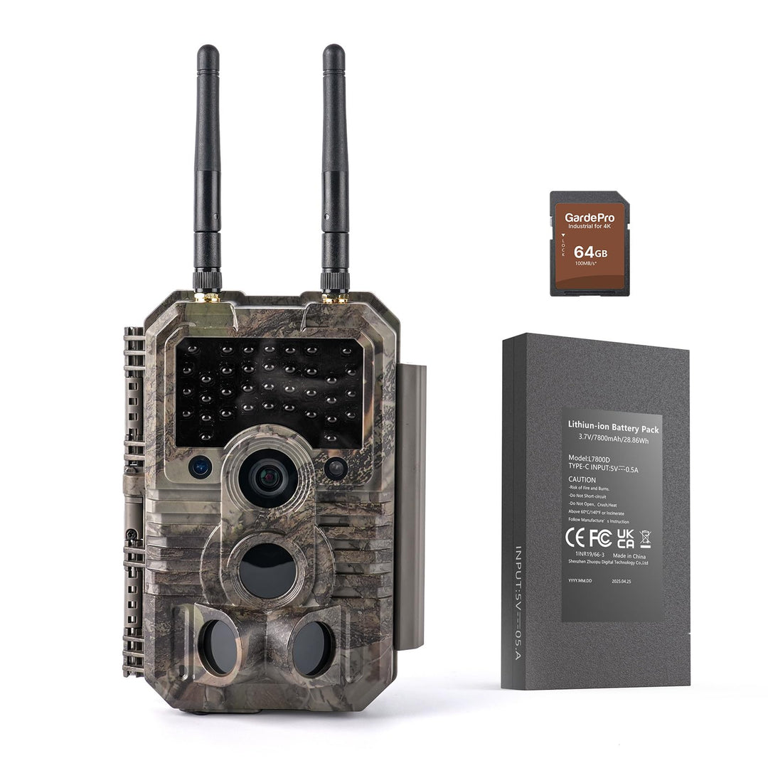 GardePro E9 2.0 Pro Wildkamera Doppelantenne WLAN mit 64GB SD Karte, 64MP H.264 4K Video Wiederaufla
