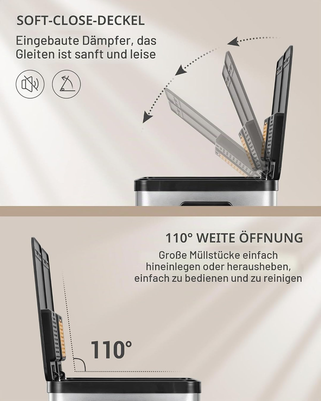 Hzuaneri Mülleimer Küche, 2 x 30 L+7 L, Mülltrennsystem 2 Fächer mit 7 L Komposteimer, Abfalleimer m