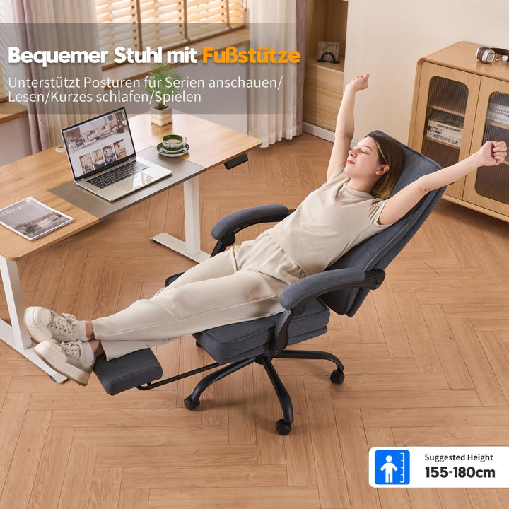 MZLEE Bürostuhl Ergonomisch, Schreibtischstuhl mit Fussstütze, Neigung 90-135°, Stoff Chefsessel mit
