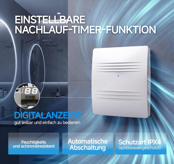 MOCINE Badlüfter 100 mm, Badezimmer Abluftventilator mit Nachlaufsteuerung 100mm-B05, 100mm-B05