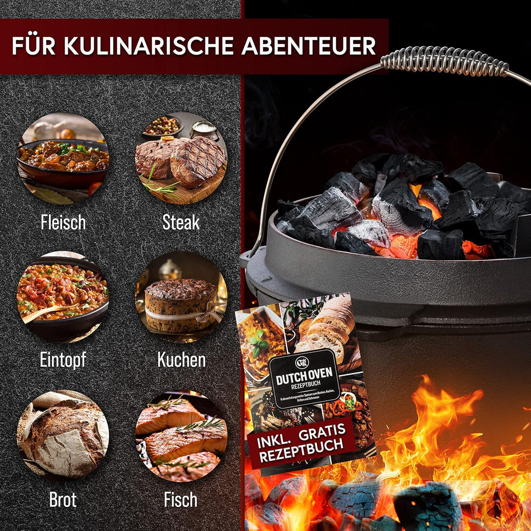 Dutch Oven Set-Eingebrannter Dutch Oven 12L [10-16 Person]-Feuertopf Gusseisen ohne Füssen-Schmortop