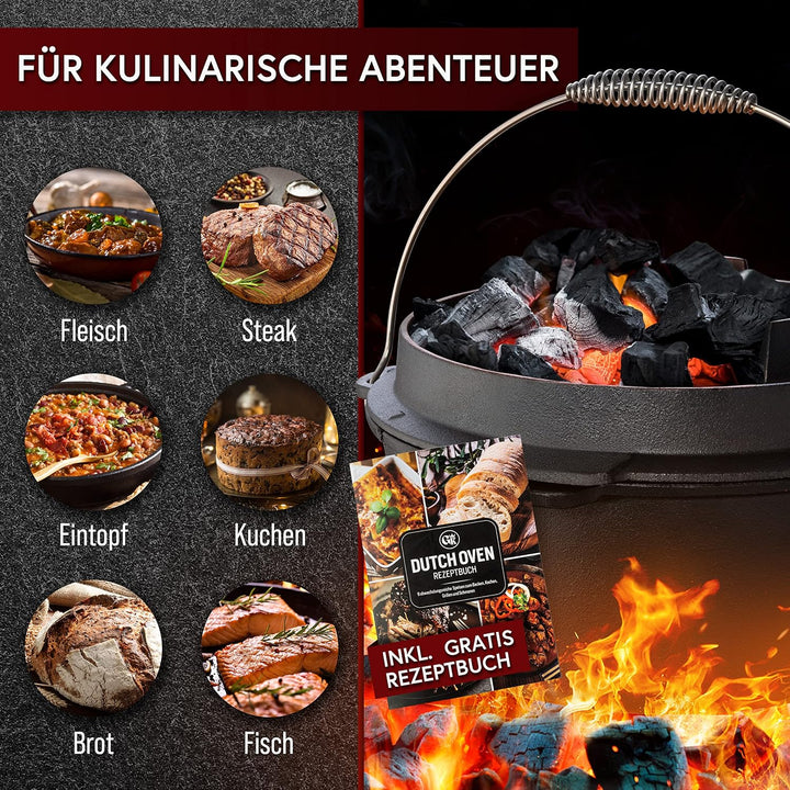 Dutch Oven Set–Eingebrannter Dutch Oven 9L [6-10 Person]–Feuertopf Gusseisen ohne Füsse–Schmortopf D