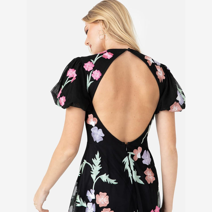 Maya Deluxe Damen Womens Maxi Ladies Floral Embroidered Open Back Puff Sleeves Dress for Wedding Gue