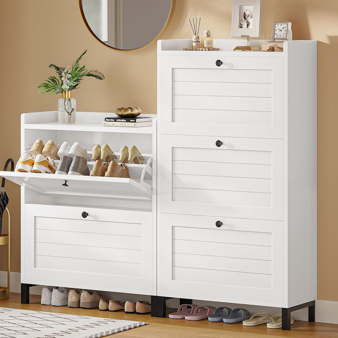 AOGLLATI Schuhschrank Schmal, Schuhkipper mit 2 Klappen, Holz, Weiss 2 Klappen Schuhschrank, 2 Klapp