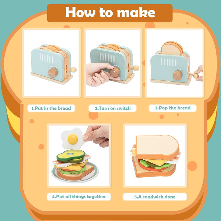 Holz Toaster Kinder Spielzeug, Sandwich Frühstück Kinderküche Zubehör Set