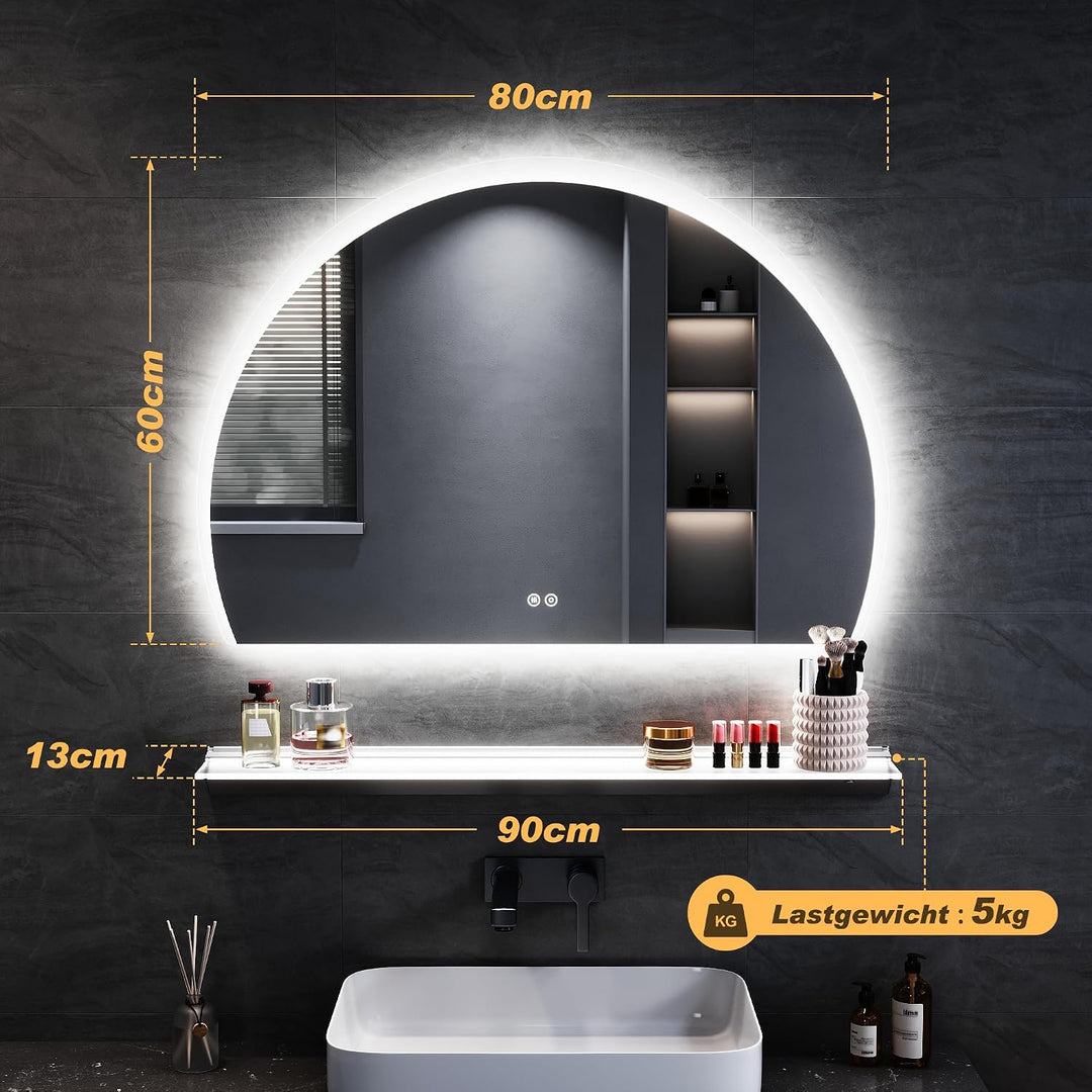 SONNI Badspiegel mit Beleuchtung Halbrund 80x60 cm, Touch Badezimmerspiegel 3 Lichtfarben, Anti-Besc