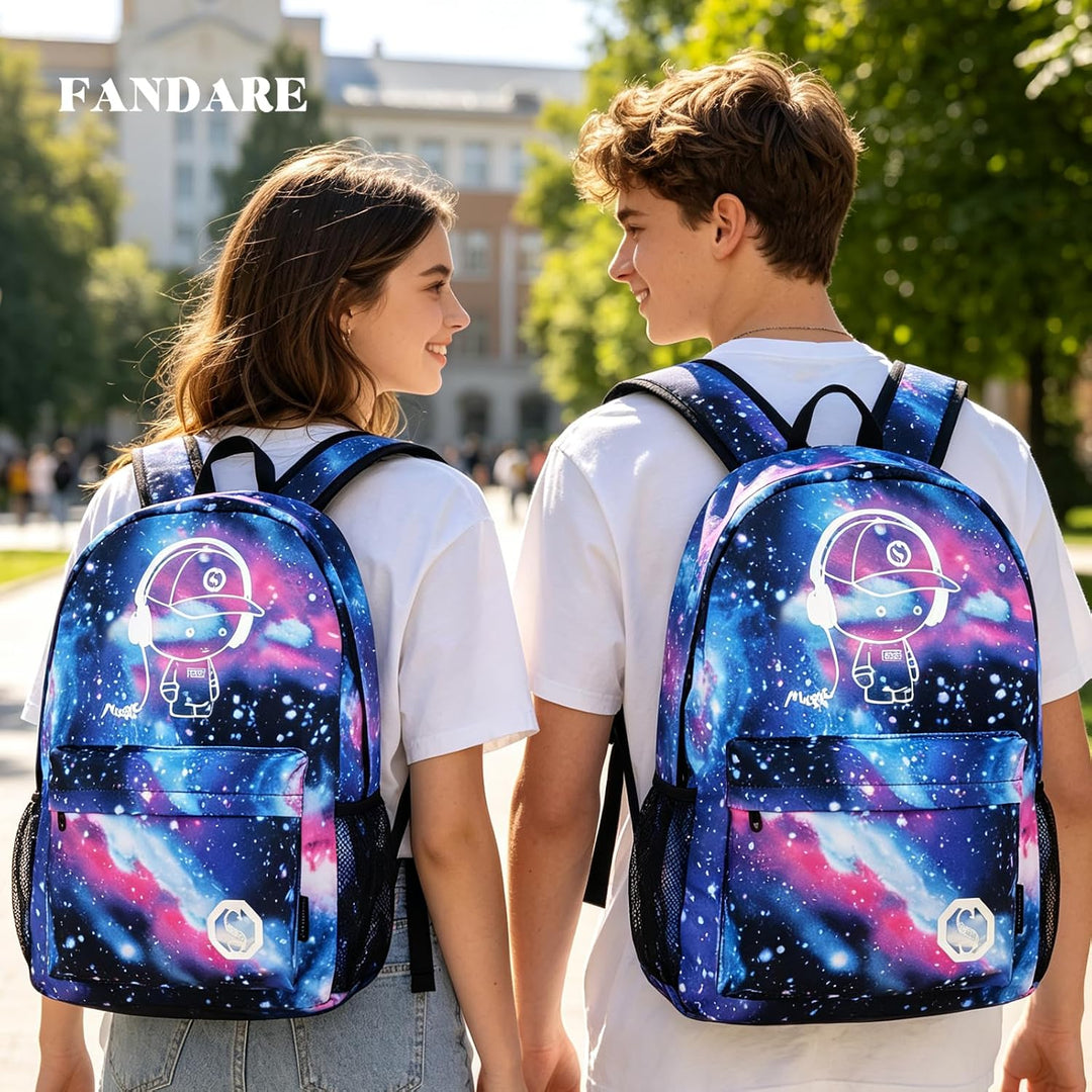 FANDARE Schulrucksack Galaxy Leuchtend Schultasche Junge Mädchen Rucksäcke Schulranzen mit USB Teena