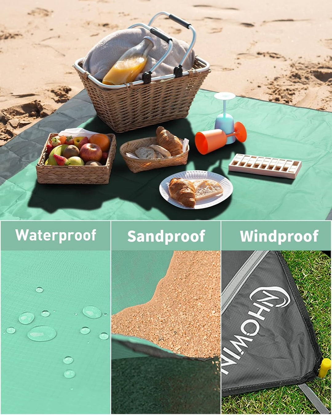 Strandmatte Stranddecke Sandfrei Wasserdicht, Super Gross 210 x 200cm Picknickdecke with 3 Reissvers