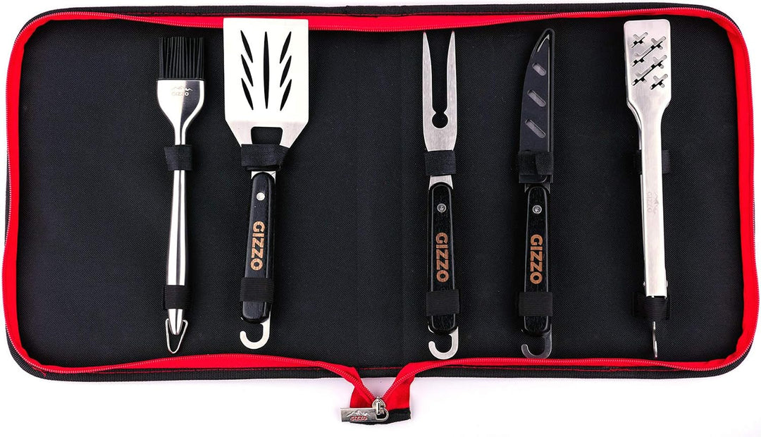Gizzo Grill 5X Werkzeugset mit Holzgriff + 4 Schiebegrillspiesse
