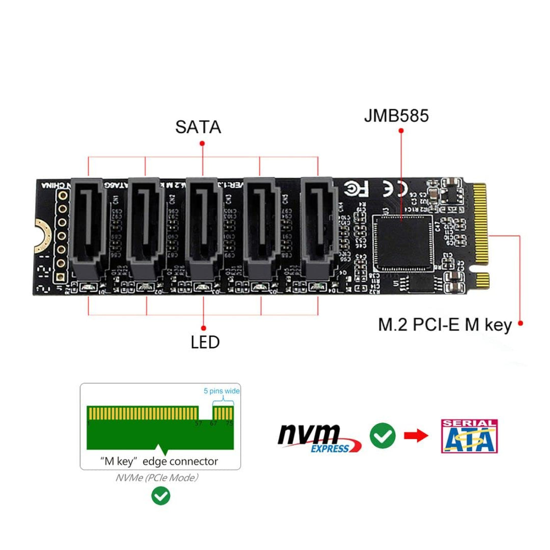ChenYang 5 Ports M.2 auf SATA Adapter, M Key NVME 1 auf 5 SATA 3.0 Port Erweiterungskarte mit JMB585