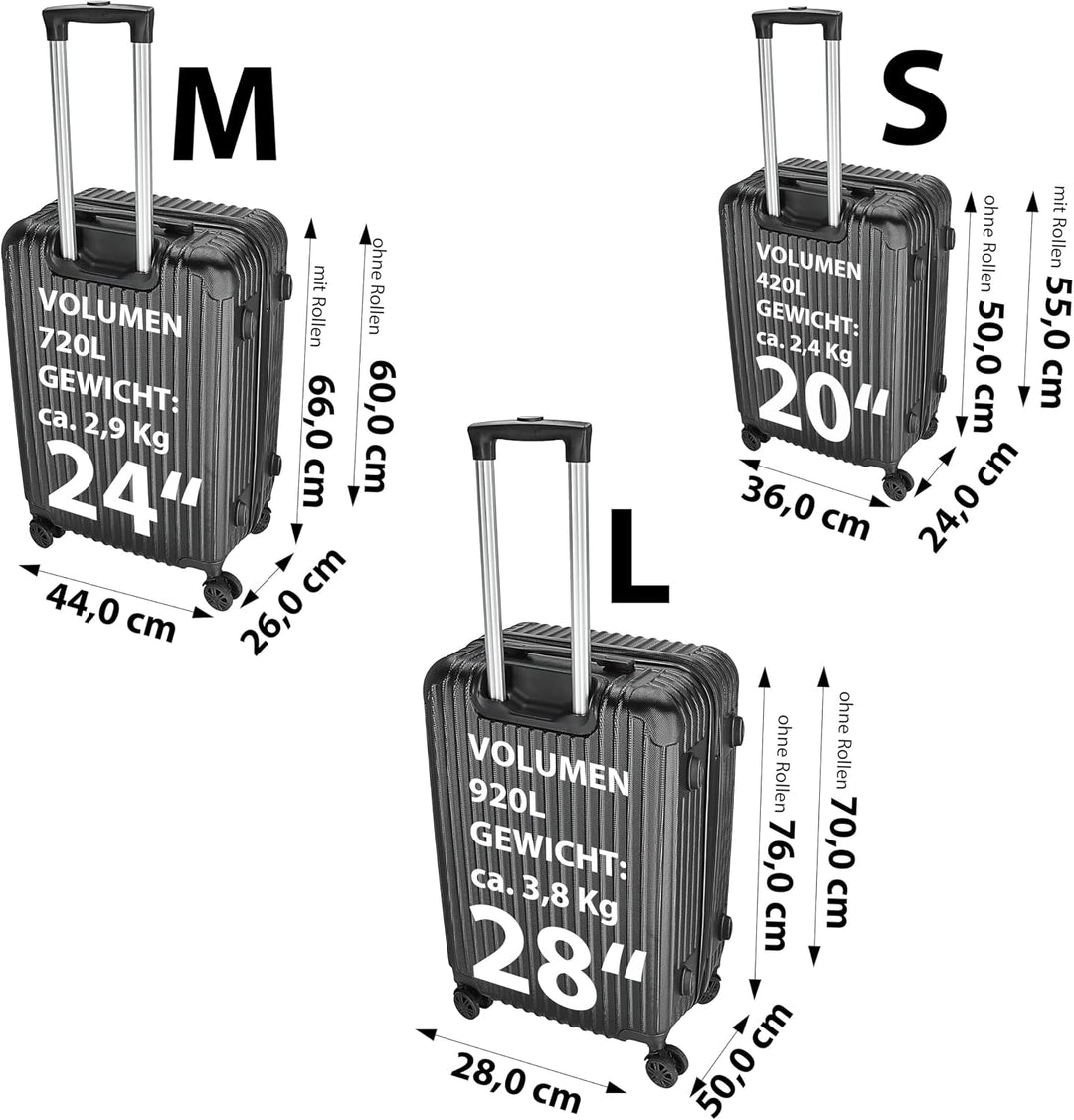 Cepewa Reisekoffer Set schwarz | 3 Grössen 20/24/28 Zoll ABS | Teleskopstange 4 Zwillingsrollen Zahl