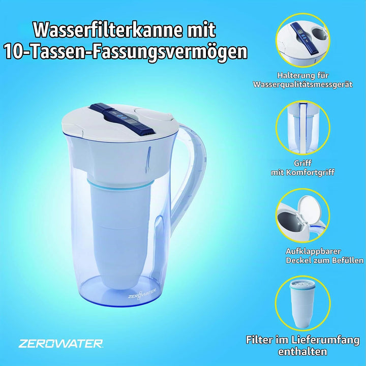 ZeroWater 5-Stufige Filterkanne für Trinkwasser mit 2,4 L - NSF-Zertifizierte Wasserfilter Kanne, um