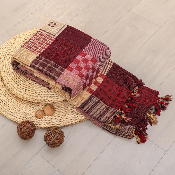 HOORDRY Chenille Gewebte Decke,Patchwork Doppelseitig Überwurf Rot 220 x 260 cm, Rot 220 x 260 cm