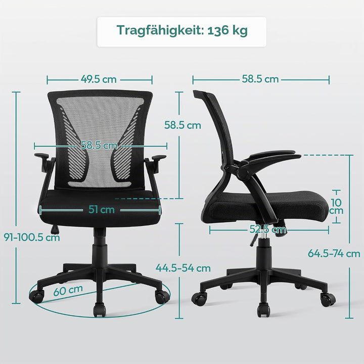 Yaheetech Bürostuhl Ergonomisch, Schreibtischstuhl mit Netzbespannung, Arbeitsstuhl mit Armlehnen, C