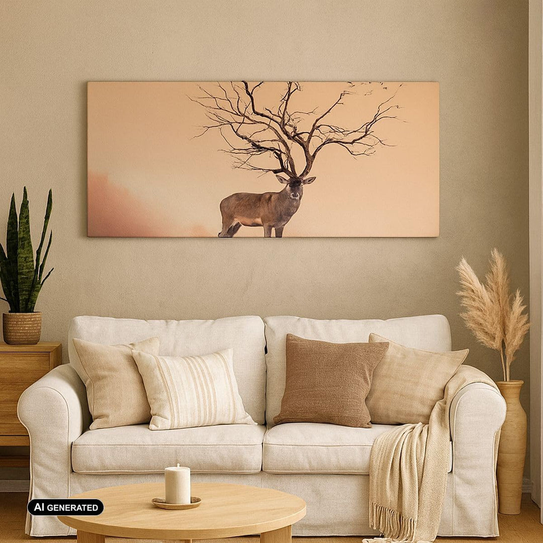 Wandbilder Dekoration Wohnzimmer Hirsch Baum Nebel Wald Panorama Bilder auf Leinwand 120x50cm Leinwa
