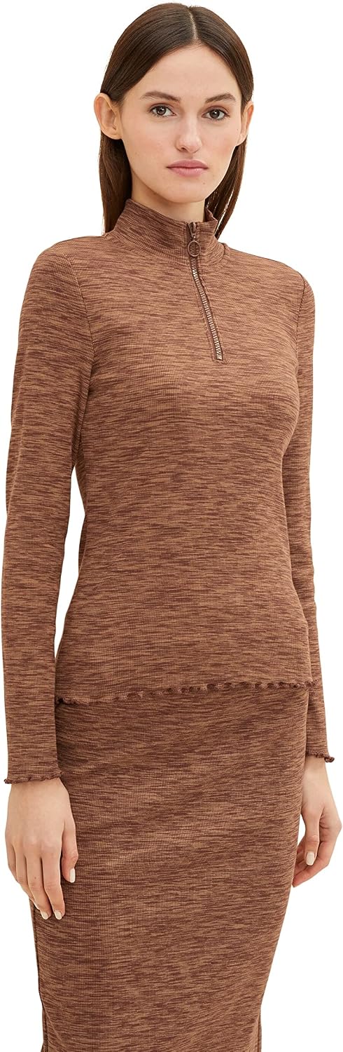 TOM TAILOR Denim Damen Langarmshirt mit Reissverschluss XS 30850 - Space Dye Melange, XS 30850 - Spa