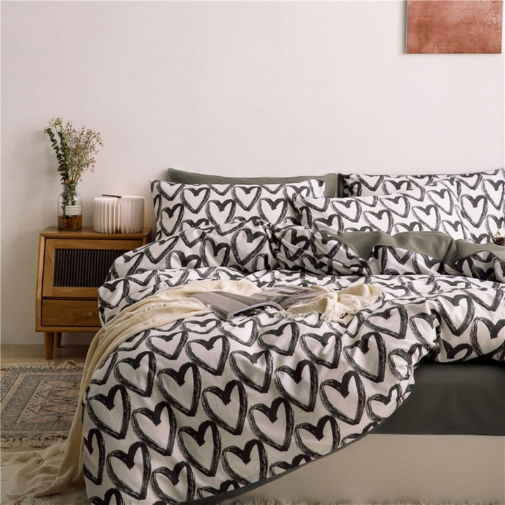 Freyamy Bettwäsche 200x220cm 3teilig Schwarz Weiss Herz Bettwaren-Sets Gebürstet Microfaser Weiche W