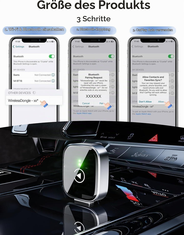 CarPlay Wireless Adapter für iPhone – Upgrade auf kabelloses CarPlay, Plug &amp; Play, USB/Type-C, Mini