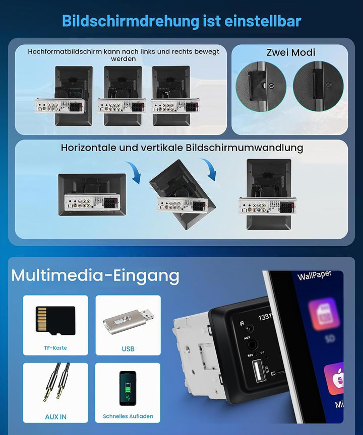 Rimoody Kabellos Carplay 1 Din Autoradio 10.1 Zoll Rotierender Touchscreen Autoradio mit Android Aut