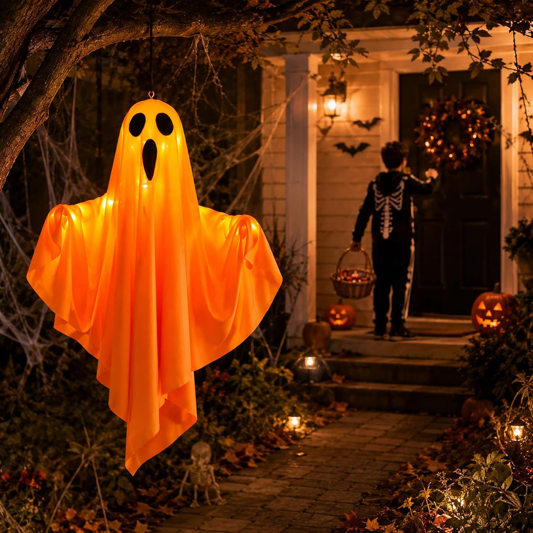 Idota 4er Set Halloween Deko Gespenster in Orange mit LED Lichtern 50cm