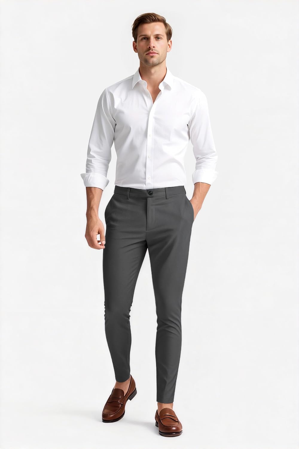 GINGTTO Herren Chino Hose Skinny Chinohose Casual mit Stretch Designer Hose Stoffhose 34W / 30L Grau