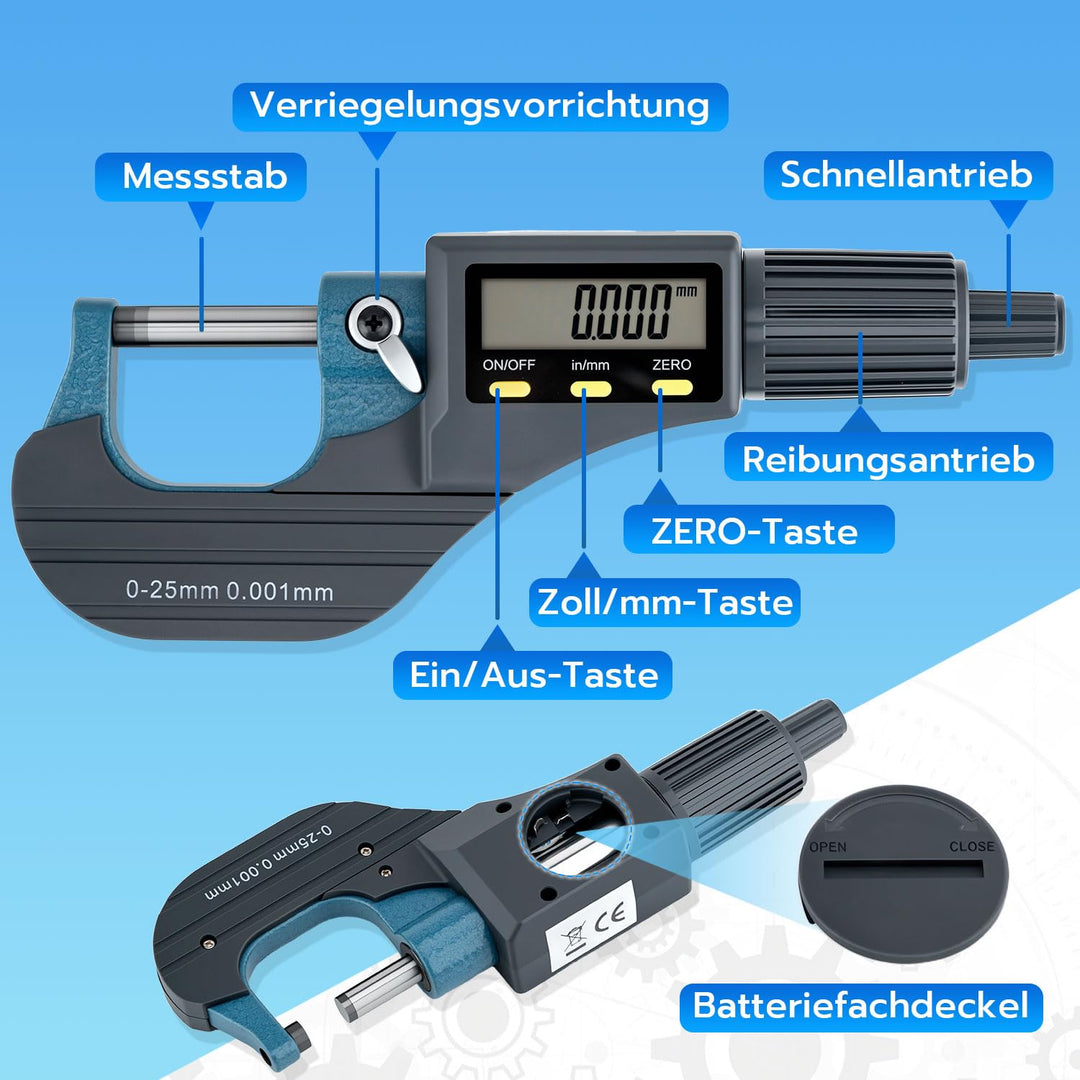 Mcbazel Mikrometer LCD Digitale Bügelmessschraube 0-25mm, 0.001mm Auflösung