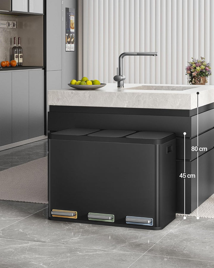 Hzuaneri Mülleimer Küche, Mülltrennsystem 3 Fächer 45L (3 x 15 L), Edelstahl-küchenmülleimer, Tretmü