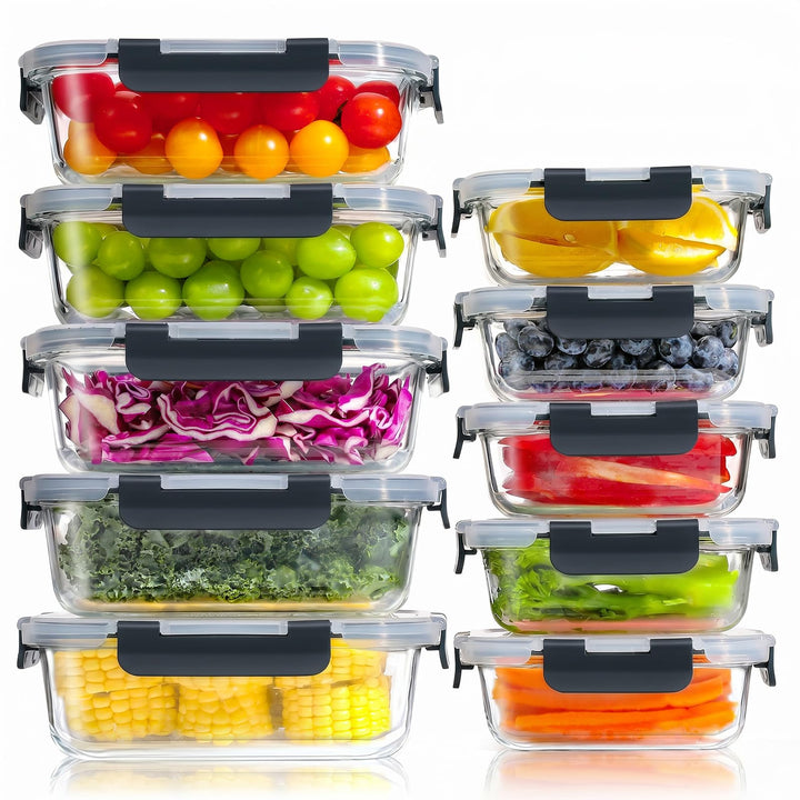 YASHE Glasbehälter mit Deckel, 10 Teile Stapelbar &amp; Luftdicht Meal Prep Boxen Glas für Spülmaschine,