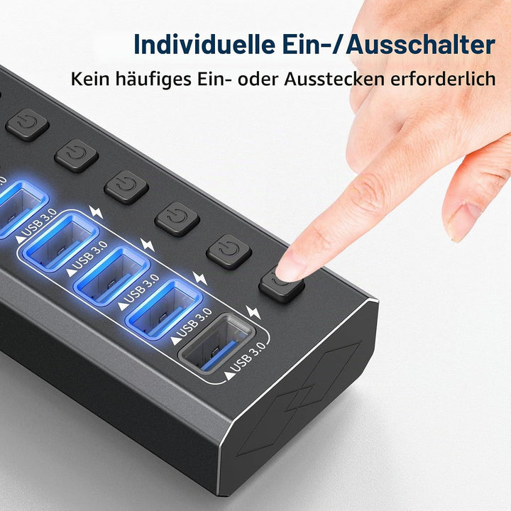 USB-3.0-Hub, Aluminium, 10 Anschlüsse, USB-3.0-Daten-Hub mit 12 V/4 A (48 W) Netzadapter und individ