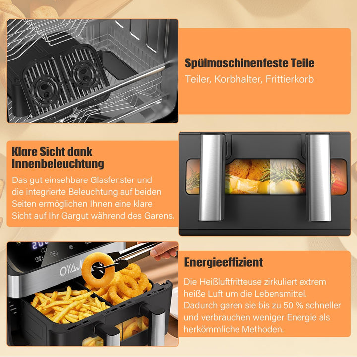 Heissluftfritteuse 2 Kammern Mit Sichtfenster 9L Airfryer 2 Fächer 9-In-1 Touchscreen Antihaftbeschi