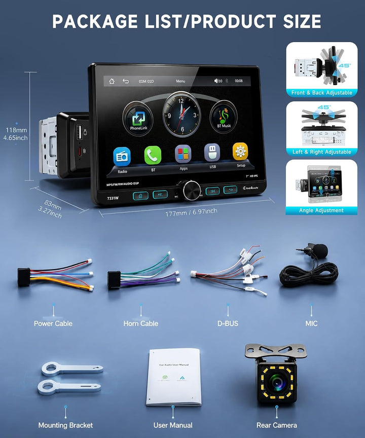 VECHTEL 7" Autoradio 1 Din mit Verstellbarer Touchscreen Wireless Carplay Android Auto,FM/AM/RDS Rad