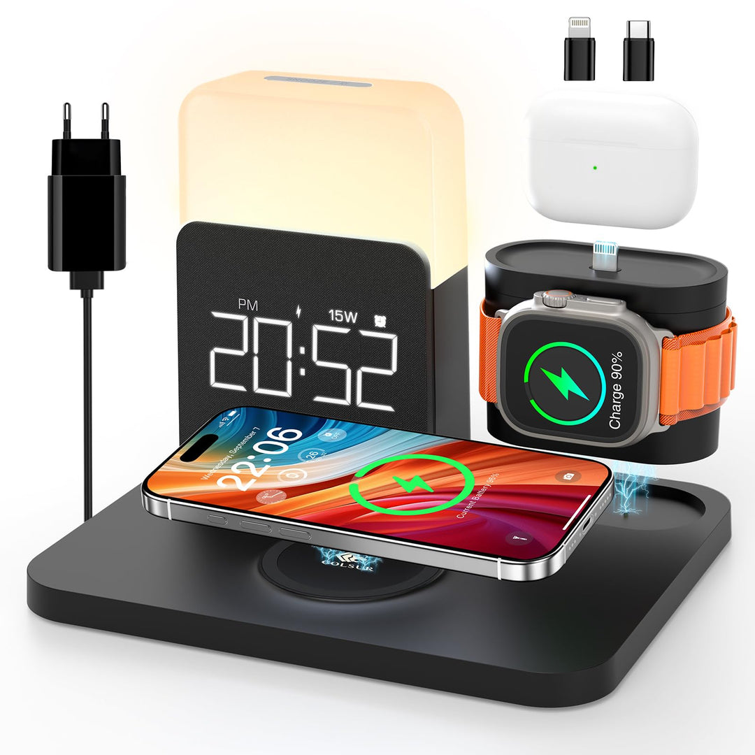 COLSUR 5 in 1 Ladestation für Apple mit Nachttischlampe und Wecker Schwarz, Schwarz