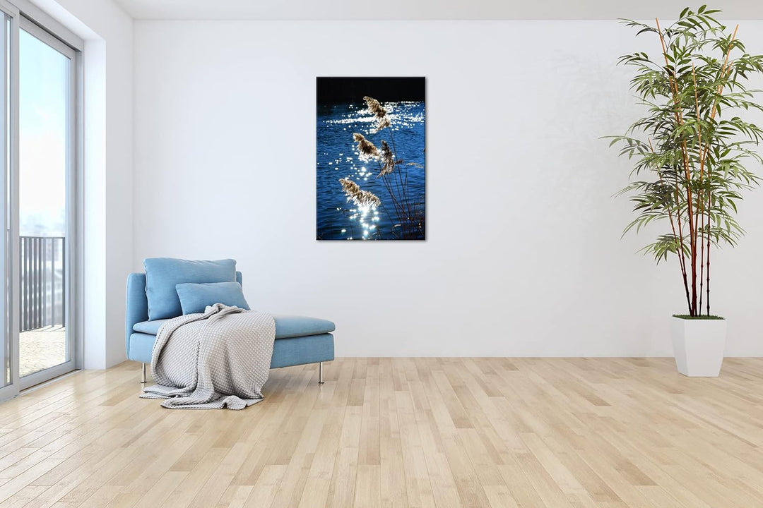 deyoli Schilf mit schimmernden Wasser im Format: 100x70 als Leinwandbild, Motiv fertig gerahmt auf E