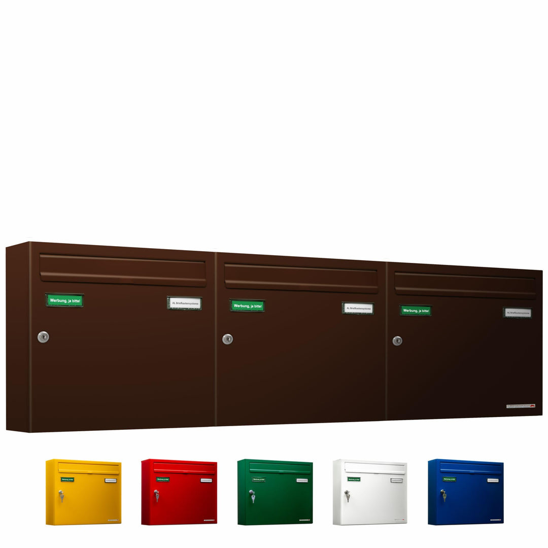 AL Briefkastensysteme Basic 3er Briefkasten RAL 8017 Schokoladen Braun 3 Fach DIN A4 wetterfest Brie