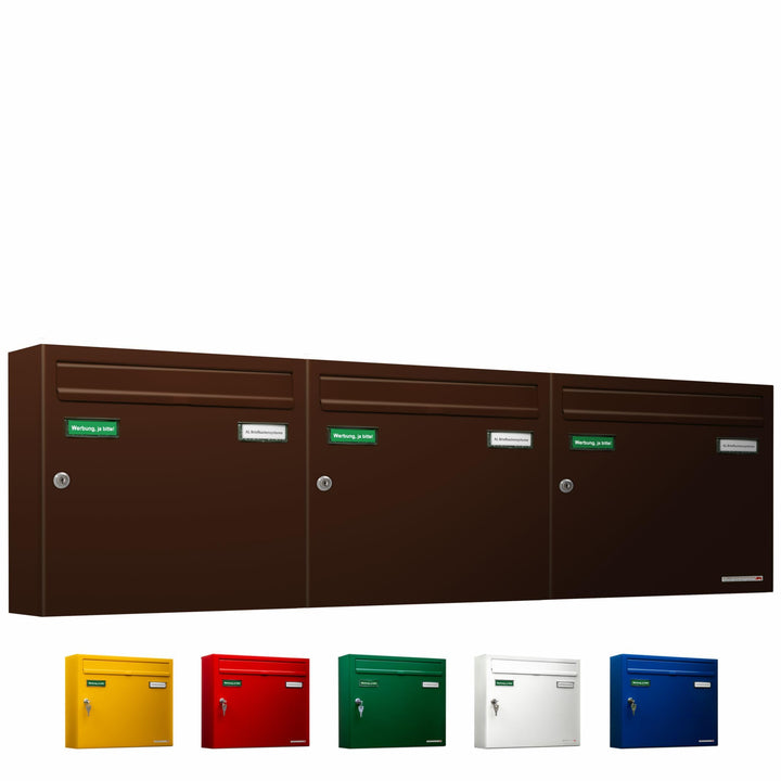 AL Briefkastensysteme Basic 3er Briefkasten RAL 8017 Schokoladen Braun 3 Fach DIN A4 wetterfest Brie